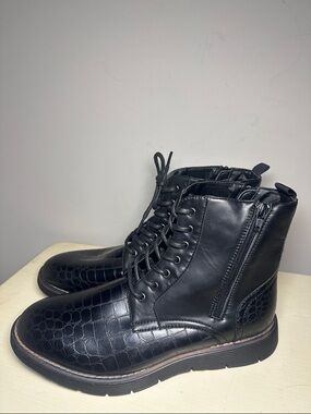 Todd Welsh Black Croc-Texture Lace-Up Combat Boots